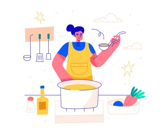 Mulher cozinhando na cozinha  Ilustração