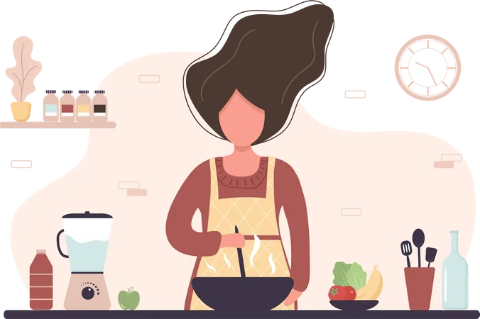 Mulher cozinhando na cozinha  Ilustração