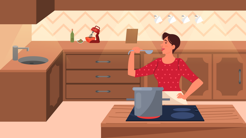 Mulher cozinhando na cozinha  Ilustração