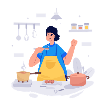 Mulher cozinhando na cozinha  Ilustração