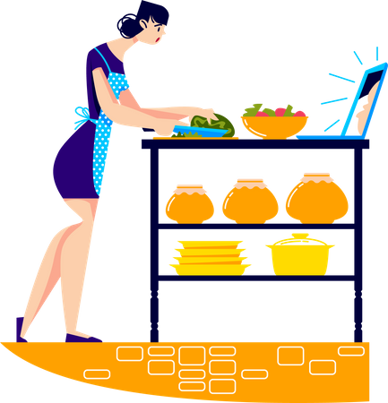 Mulher cozinhando o jantar enquanto assiste ao tutorial de culinária  Ilustração