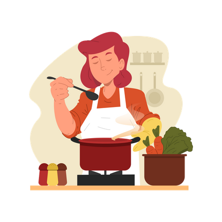 Cozinheira feminina, degustação de comida  Ilustração