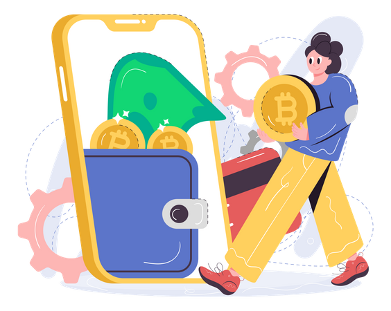 Mulher configurando carteira Bitcoin  Ilustração
