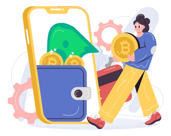 Mulher configurando carteira Bitcoin  Ilustração