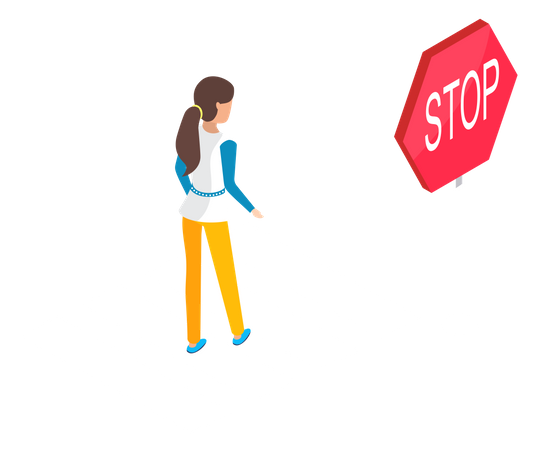 Mulher atravessando a estrada perto do sinal de stop  Ilustração