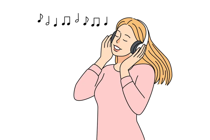 Mulher curtindo música enquanto usava fones de ouvido  Ilustração