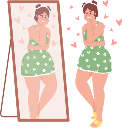 Mulher curvilínea feliz olhando no espelho  Ilustração
