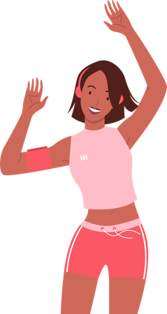 Mulher dançando enquanto ouve músicas em fones de ouvido  Ilustração