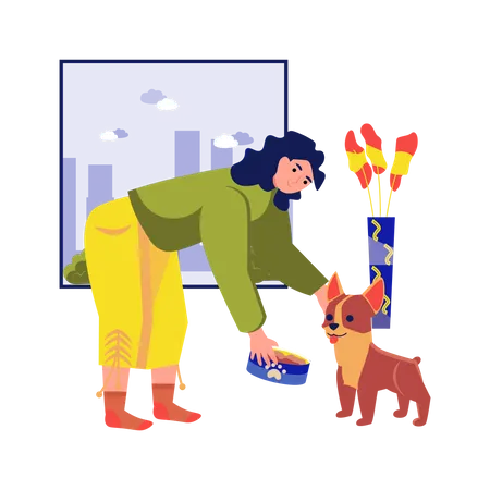 Mulher dando comida para seu cachorro  Ilustração