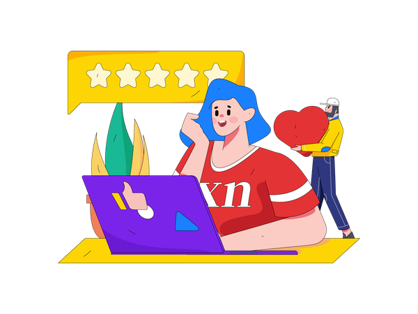 Mulher dando avaliações on-line usando laptop  Ilustração