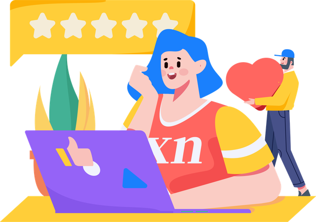 Mulher dando avaliações on-line usando laptop  Ilustração