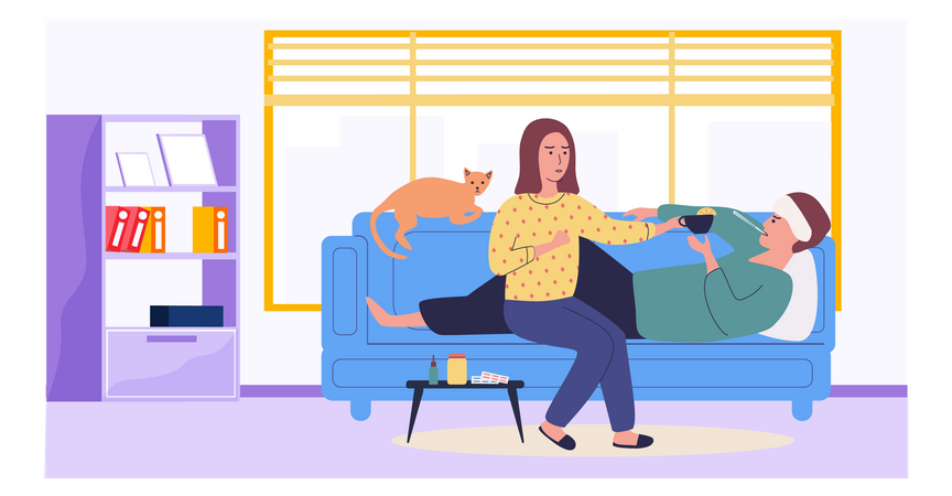 Mulher dando chá com limão para homem doente  Ilustração