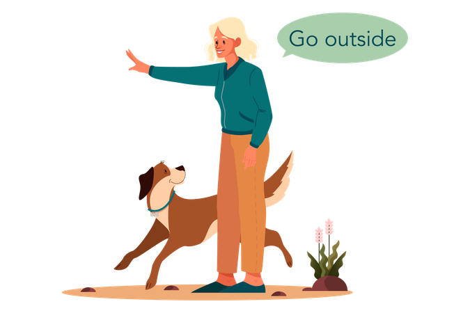 Mulher dando comando ao cachorro para sair  Ilustração