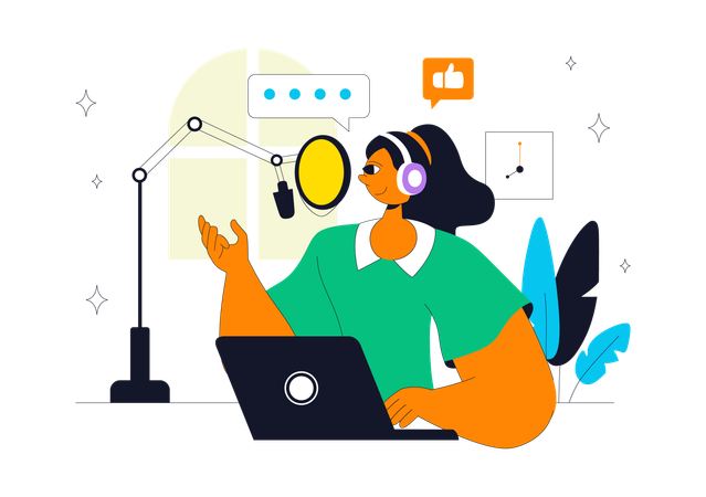 Mulher dando entrevista em estúdio de podcast  Ilustração