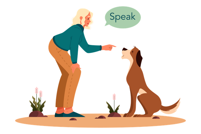 Mulher dando comando de fala para cachorro de estimação  Ilustração