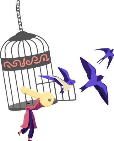 Mulher dando liberdade aos pássaros presos na gaiola  Ilustração