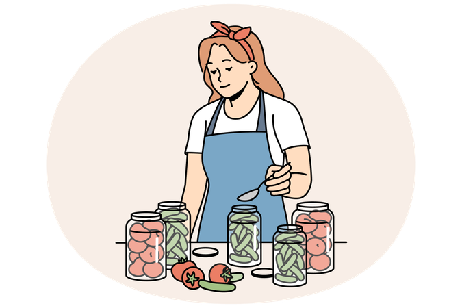 Mulher de avental enlatando vegetais em garrafas  Ilustração