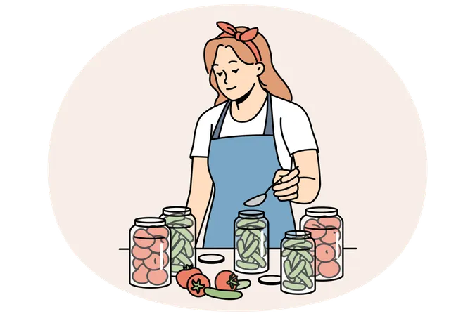 Mulher de avental enlatando vegetais em garrafas  Ilustração