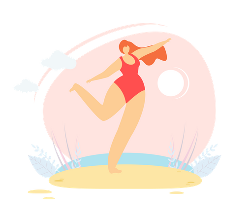 Mulher de biquíni em pé na praia  Ilustração