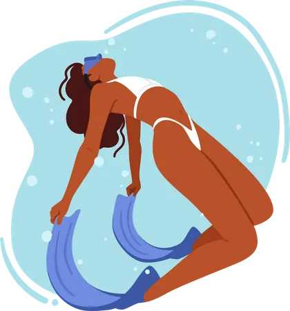 Mulher Usando Biquini Mergulhando Personagem Feminina Nadadora Se Impulsiona Na Agua Com Golpes Poderosos Arqueia As Costas E Levanta As Pernas Submergindo Para Explorar O Mundo Subaquatico Ilustra O Vetorial De Pessoas Dos Desenhos Animados Ilustração