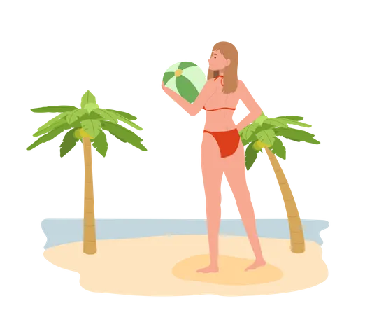 Mulher de biquíni segurando uma bola de praia na praia  Ilustração