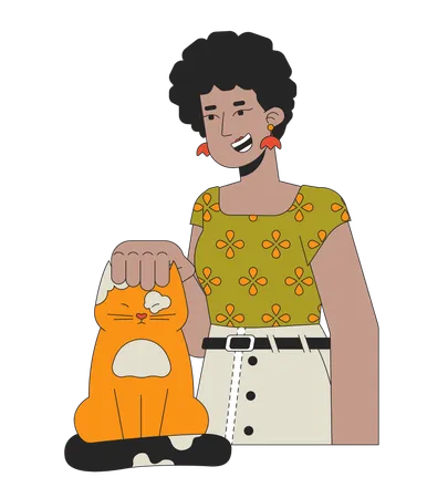 Mulher de cabelo afro acariciando a cabeça do gato  Ilustração