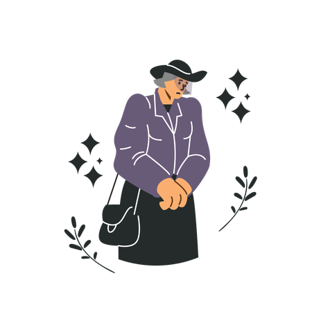 Mulher de chapéu preto lamentando a perda de um ente querido  Ilustração