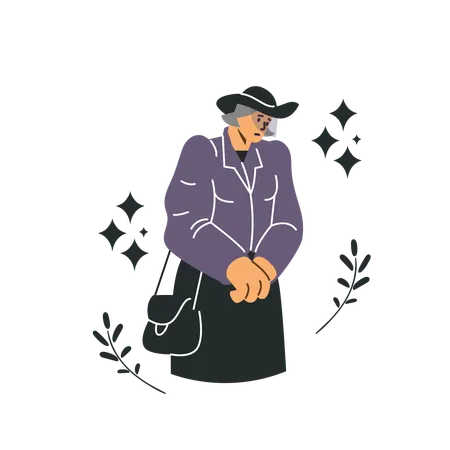 Mulher de chapéu preto lamentando a perda de um ente querido  Ilustração
