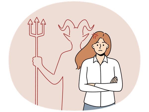 Mulher de negócios irritada com o diabo nas costas  Ilustração