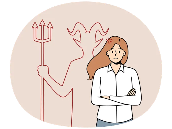 Mulher de negócios irritada com o diabo nas costas  Ilustração
