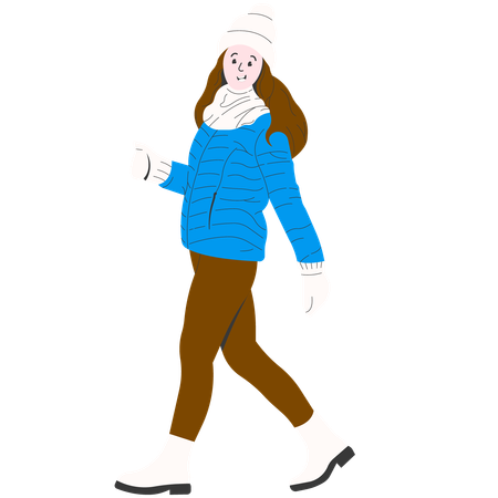 Mulher de casaco azul passeando no inverno  Ilustração