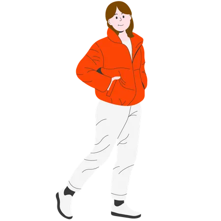 Mulher de casaco vermelho, desfrutando de um passeio no inverno  Ilustração