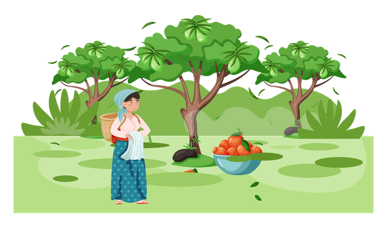Mulher de Jeju em pé, árvore frutífera  Ilustração