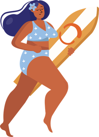 Mulher de maiô e segurando uma prancha de surf  Ilustração