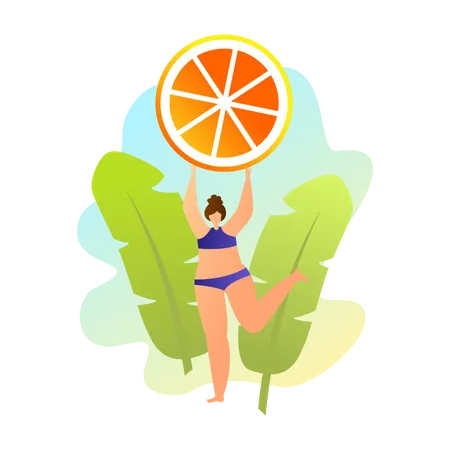 Mulher de maiô posando com laranja sobre fundo de folhas verdes  Ilustração