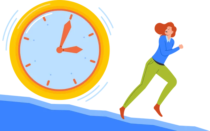 Mulher de negócios ansiosa fugindo de um relógio enorme  Ilustração