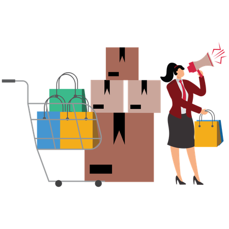 Mulher de negócios anunciando tendências de compras e comportamento do consumidor  Ilustração