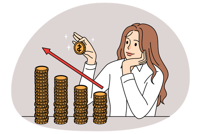 Mulher de negócios bem-sucedida empilhando moedas  Ilustração