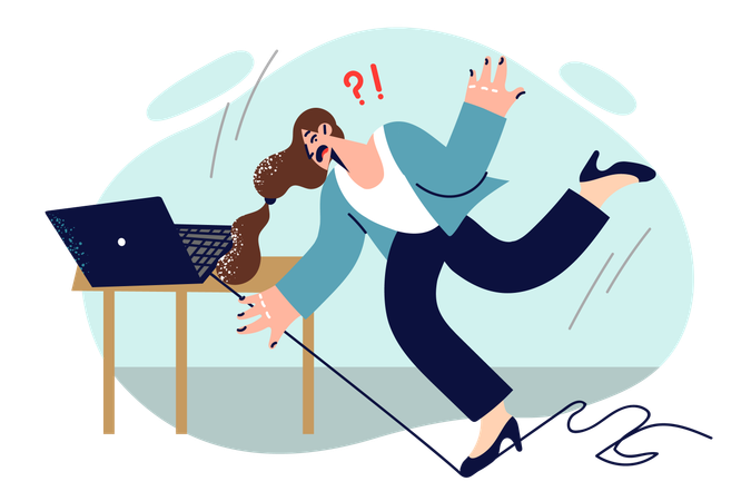 Mulher de negócios cai no escritório após tropeçar em cabo de computador  Ilustração
