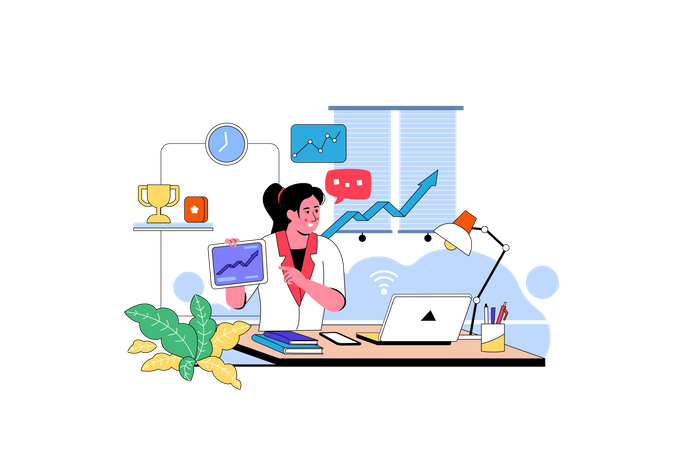 Mulher de negócios com estatísticas da web  Ilustração