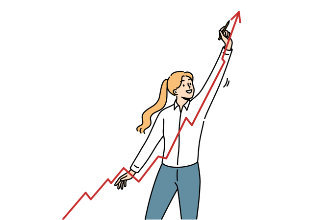 Mulher de negócios desenha gráfico crescente mostrando o crescimento do lucro da empresa ao atrair novos clientes  Ilustração