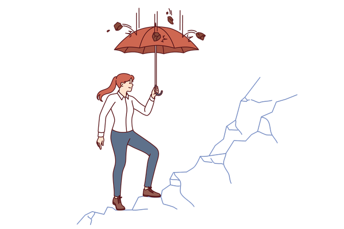 Mulher de negócios está escalando um penhasco usando guarda-chuva para se proteger da queda de pedras  Ilustração