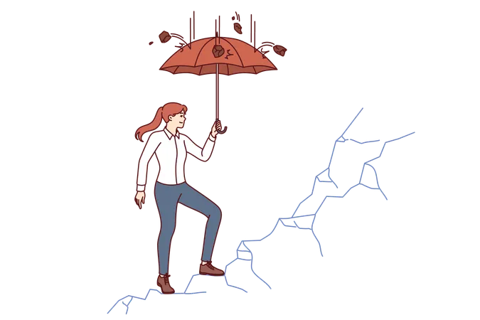 Mulher de negócios está escalando um penhasco usando guarda-chuva para se proteger da queda de pedras  Ilustração