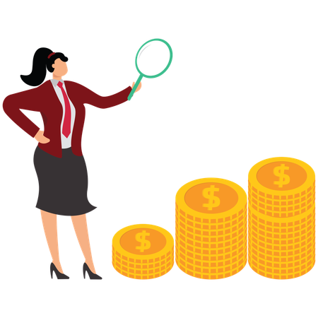 Mulher de negócios fazendo análise de investimentos financeiros para retornos crescentes  Ilustração