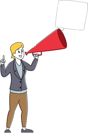 Mulher de negócios grita para megafone com balão de fala  Ilustração