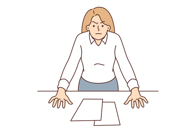 Mulher de negócios mandona com olhar descontente fica perto da mesa de escritório  Ilustração