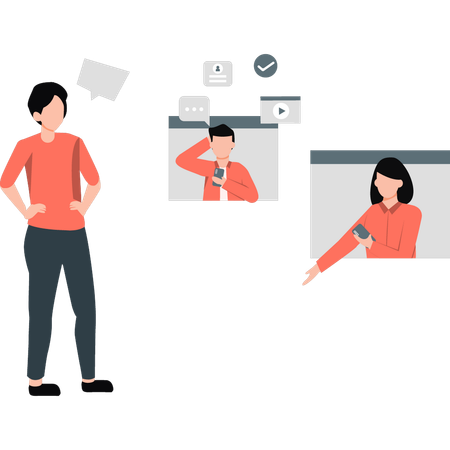 Mulher de negócios pensando em comunicação online  Ilustração