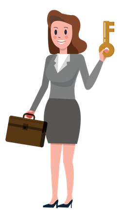 Mulher de negócios, segurando a chave e a mala  Ilustração