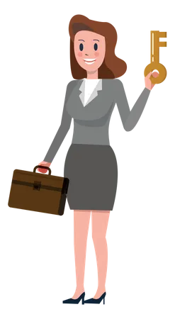 Mulher de negócios, segurando a chave e a mala  Ilustração