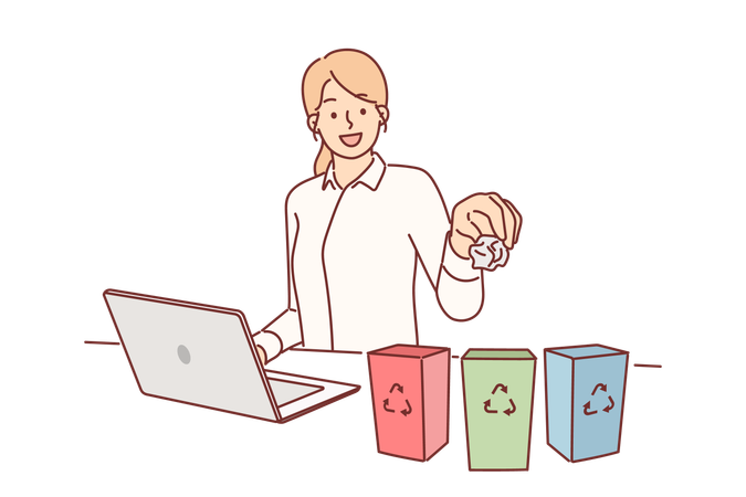 Mulher de negócios separa lixo para reciclagem  Ilustração